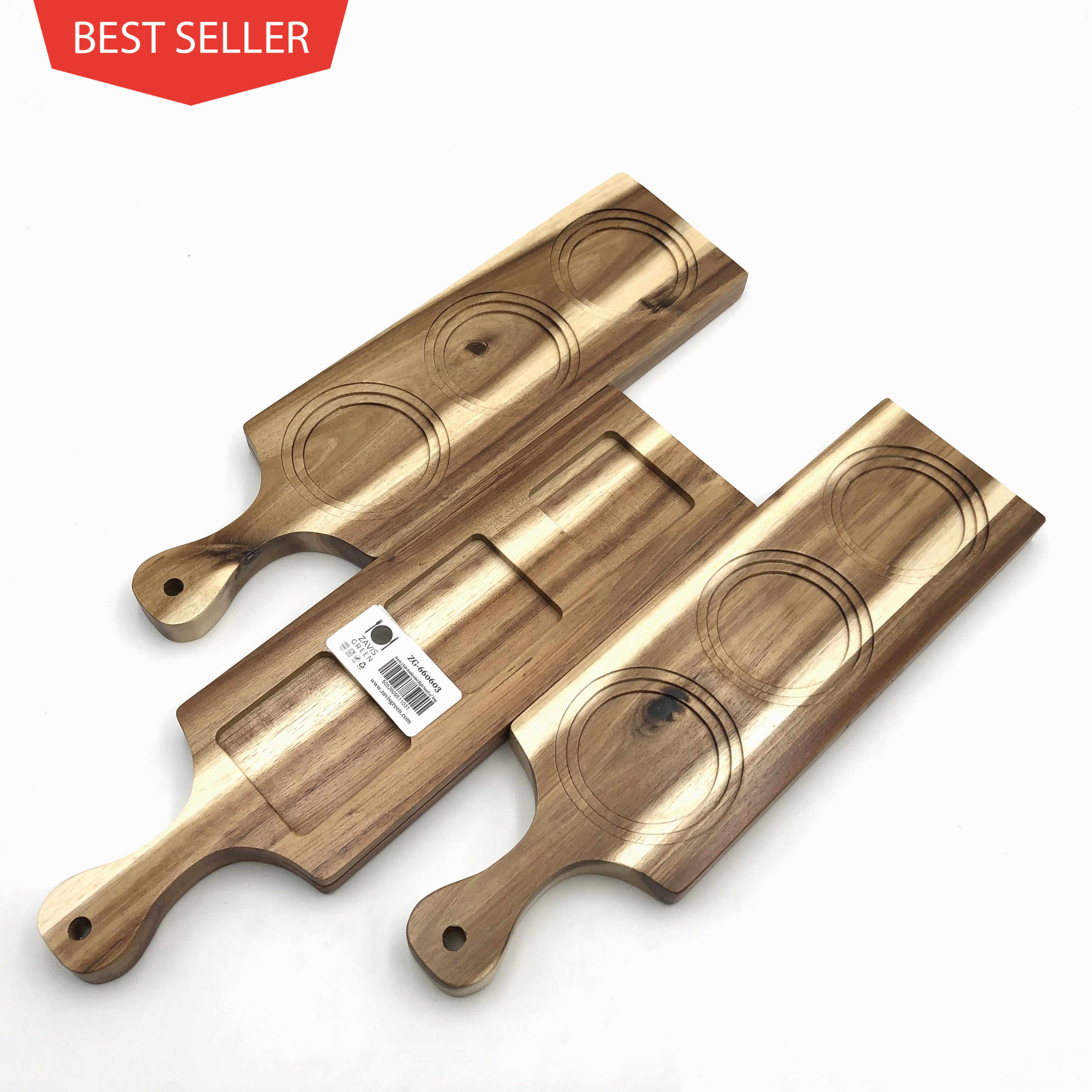[ Set of 6 ] Zavis Green Acacia Wood 3 Hole Double sided Flight Board 14"  | Dishwasher Safe